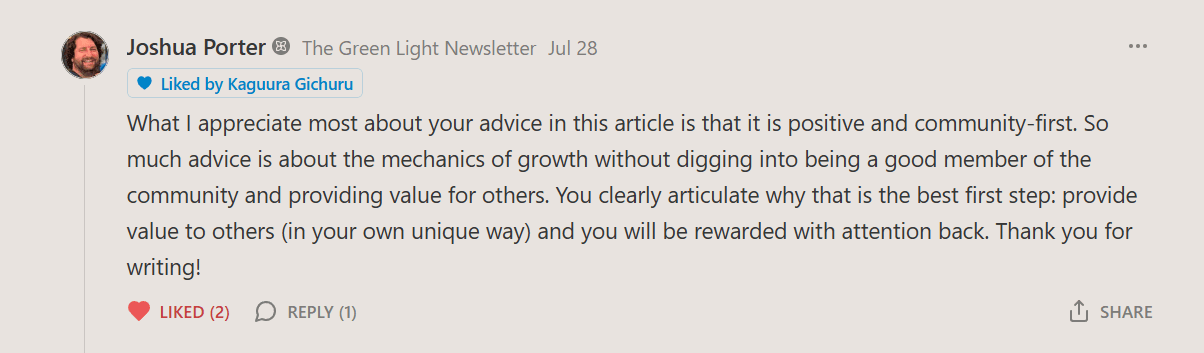 Joshua Porter’s original Substack comment praising the free playbook’s positive, community-first advice.